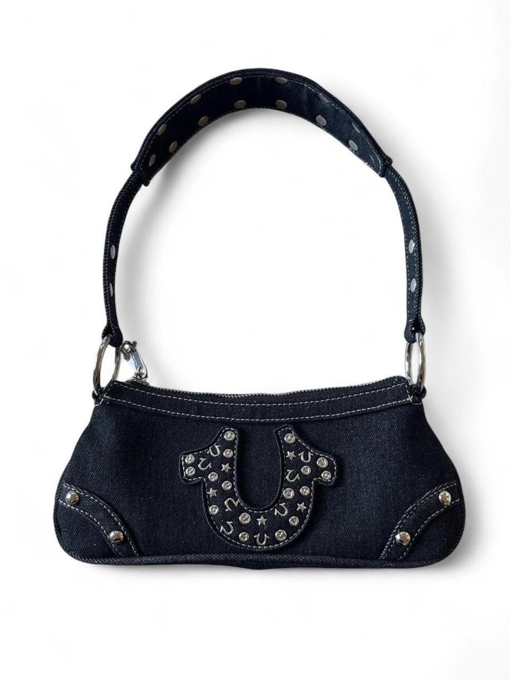 True Religion Horseshoe Studded Denim Shoulder Bag Black